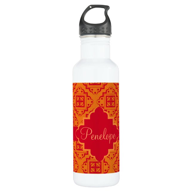 Roter Orange Arabesque Marokkanischer Grafik Trinkflasche (Vorderseite)