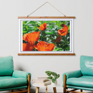 Roter Orangenmohn-Blume Wandteppich Mit Holzrahmen