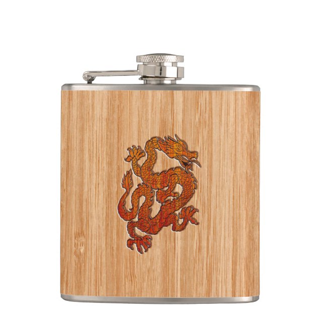Roter orientalischer Drache auf Bambusart Flachmann (Vorderseite)