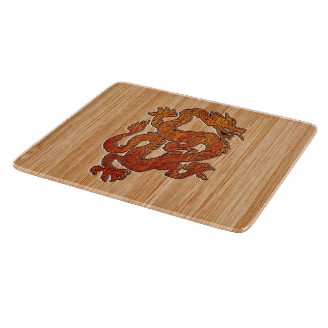 Roter orientalischer Drache auf Bambusart Schneidebrett (Ecke)