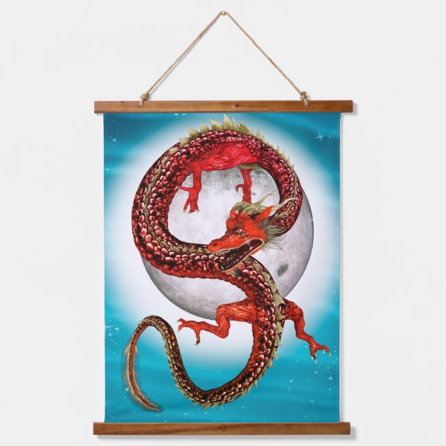 Roter Ostdrache - Mythische Fantasiewesen Wandteppich Mit Holzrahmen (Vorderseite)