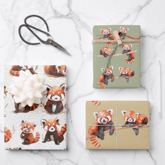 Roter Panda-Bär Geschenkpapier Set (Vorderseite)