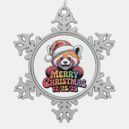 Roter Panda Frohe Weihnachten 12/25/25 Schneeflocken Zinn-Ornament