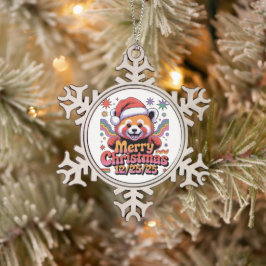 Roter Panda Frohe Weihnachten 12/25/25 Schneeflocken Zinn-Ornament