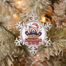 Roter Panda Frohe Weihnachten 12/25/25 Schneeflocken Zinn-Ornament