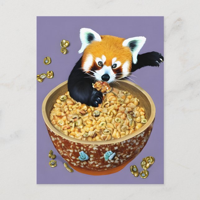 Roter Panda isst eine Schüssel Getreidepostkarte Postkarte (Vorderseite)