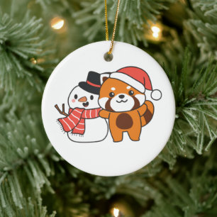 Roter Panda mit Schneemann im Winter zum Weihnacht Keramik Ornament