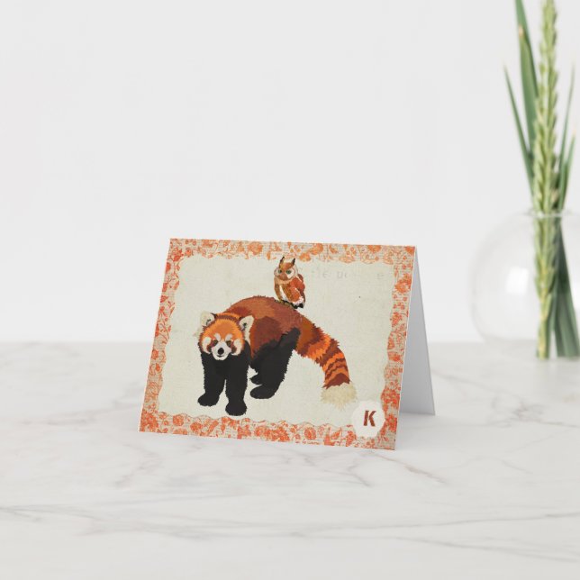 Roter Panda-u. Eulen-Monogramm Notecard (Vorderseite)