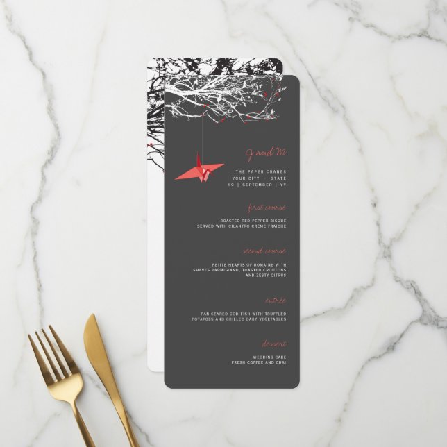 Roter Papierkran auf asiatischen Hochzeiten am Zwe Menükarte (Vorderseite/Rückseite Beispiel)