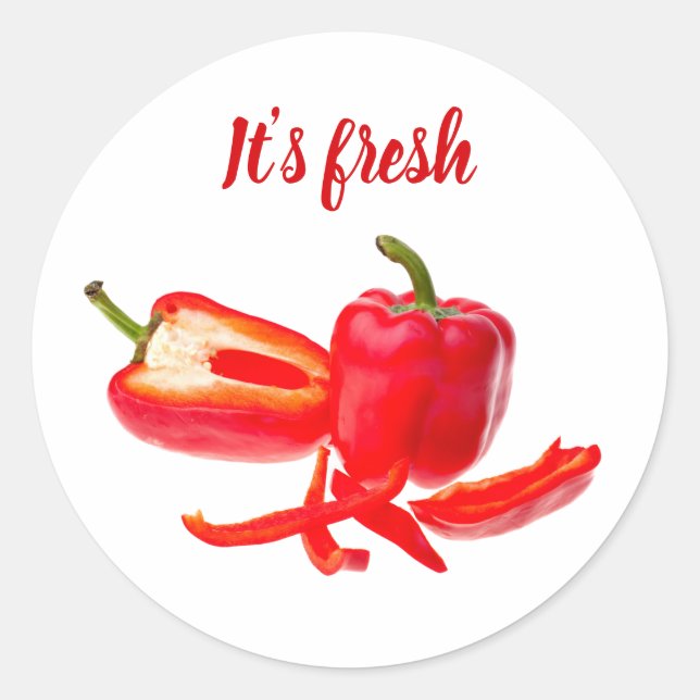Roter Paprika, gesundes Foto mit Text Runder Aufkleber (Vorderseite)