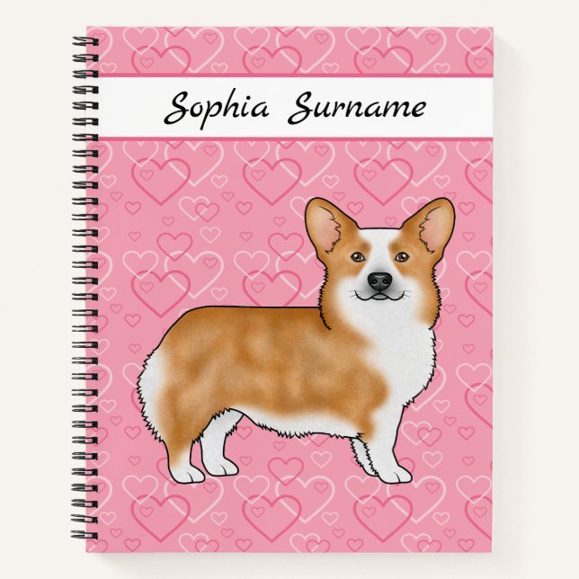 Roter Pembroke walisischer Corgi auf rosa Herzen m Notizbuch (Vorderseite)