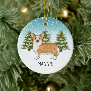 Roter Pembroke Welsh Corgi Winterwald Weihnachten Keramik Ornament