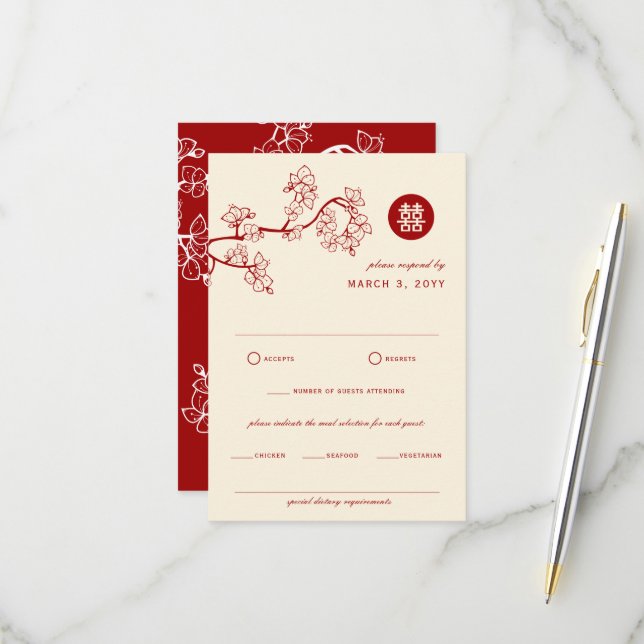 Roter Pfirsich/Pflaumenblossom Doppelglückssehen RSVP Karte (Vorderseite/Rückseite Beispiel)
