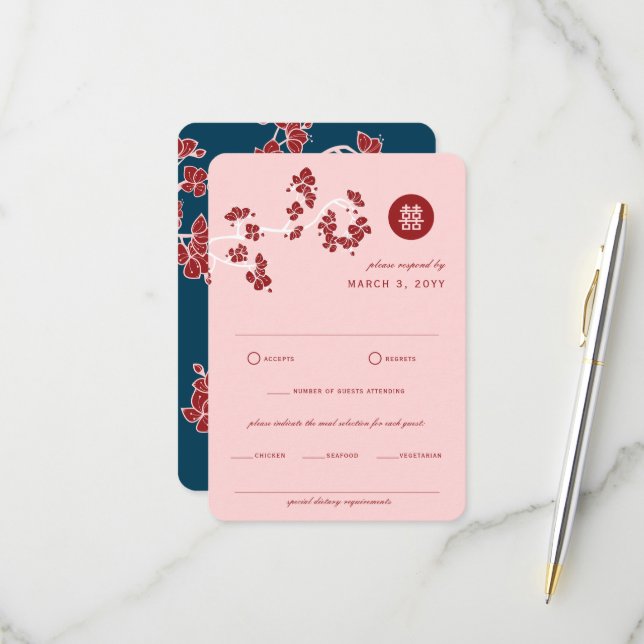 Roter Pfirsich/Pflaumenblossom Doppelglückssehen RSVP Karte (Vorderseite/Rückseite Beispiel)