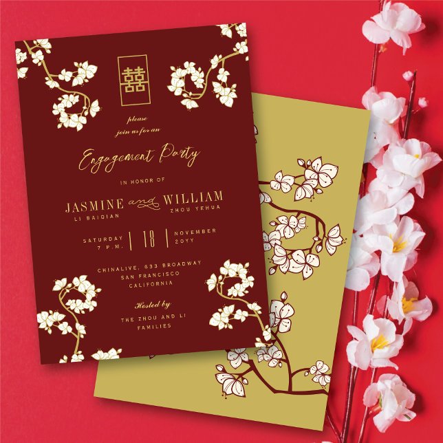Roter Pfirsich/Pflaumenblüten Chic Floral Asian We Einladung (Burgundy Red Peach/Plum Blossoms Chic Floral Asian Engagement Party Invitation @ fatfatin_red_knot)