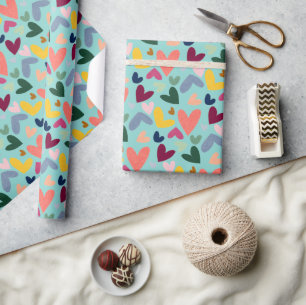 Roter Pfirsich Rosa Rosa Blau Herzmuster Geschenkpapier