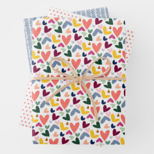 Roter Pfirsich Rosa Rosa Blau Herzmuster Geschenkpapier Set