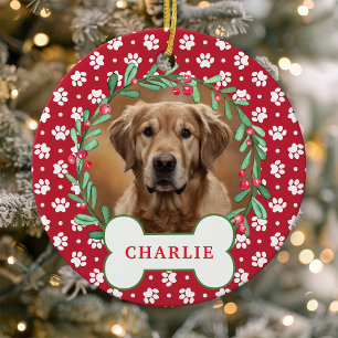Roter Pfotenabdruck-Hunde-Foto-Weihnachtskranz Keramik Ornament