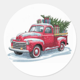 Roter Pick-up und Weihnachtsbaum Runder Aufkleber