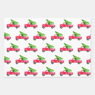 Roter Pickup-Truck Weihnachtsbaum Wasserfarbe vint Geschenkpapier Set