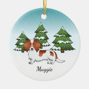 Roter Pied Langhaar Dackel Hund - Winterwald Keramik Ornament