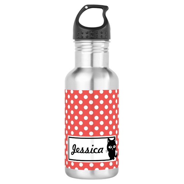 Roter Polka-Punkt und schwarze Katze Edelstahlflasche (Vorderseite)