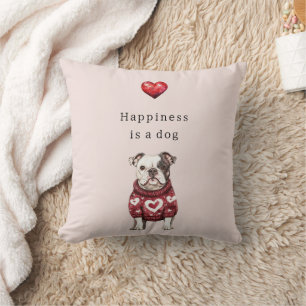 Roter Pullover Weiße Herzen Glück ist ein Hund Kissen