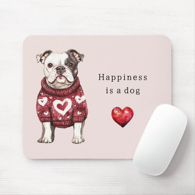 Roter Pullover Weiße Herzen Glück ist ein Hund Mousepad (Mit Mouse)