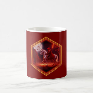 Roter Reiter auf weißem Hengst Mond im Hintergrund Kaffeetasse