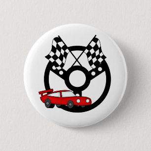 Roter Rennwagen und Flaggen Button