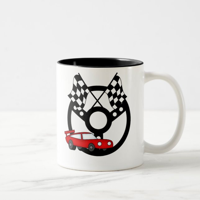 Roter Rennwagen und Flaggen Zweifarbige Tasse (Rechts)