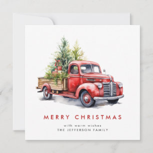 Roter Retro-Bauernhof-LKW Weihnachtsbaum-Grußkarte Feiertagskarte