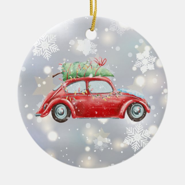 Roter Retro Käfer mit Weihnachtsbaum, Leuchten, Keramik Ornament (Vorne)