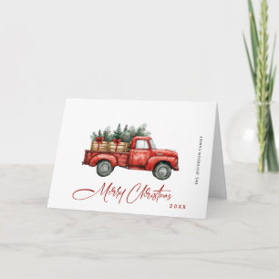 Roter Retro-Landwirtschaftslaster-Weihnachtsbaum-G Feiertagskarte
