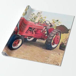 Roter Retro-Landwirtschaftstraktor, rustikale Herb Geschenkpapier