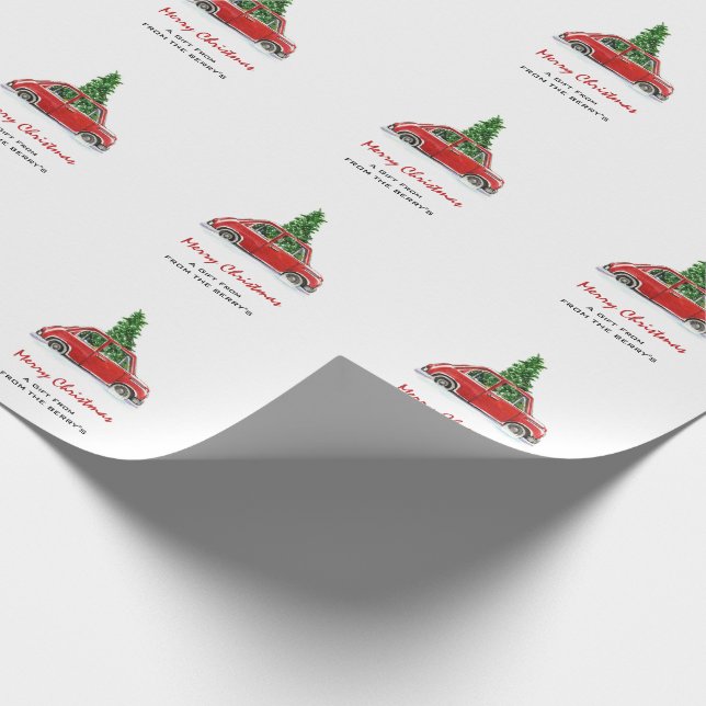 Roter Retro-LKW mit Weihnachtsbaum Geschenkpapier (Ecke)
