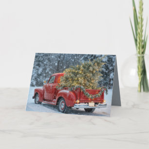 Roter Retro-LKW mit Weihnachtsbaum in Schneeflocke Karte