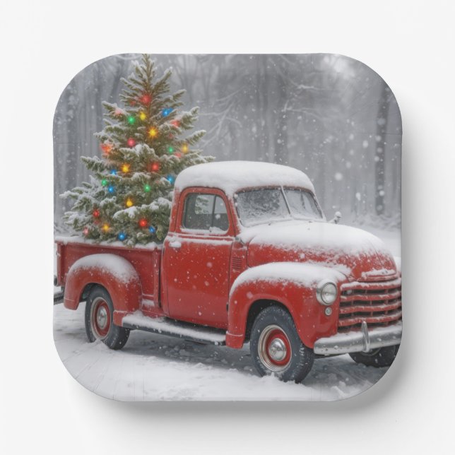 Roter Retro-LKW mit Weihnachtsbaum Pappteller (Vorderseite)