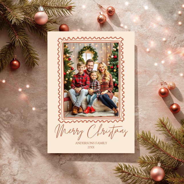 Roter Retrorahmen Foto frohe Weihnachten (Red retro hand drawn frame photo merry Christmas Holiday Card template)