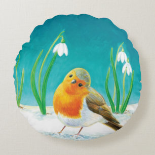 Roter Robin (Erithacus rubecula) Frühling Rundes Kissen