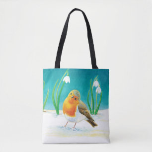 Roter Robin (Erithacus rubecula) & Weißer Schneefa Tasche