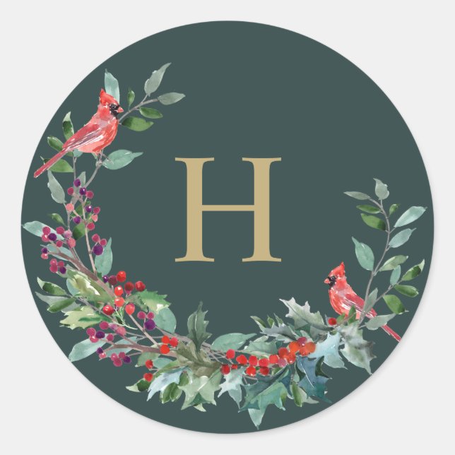 Roter Robin Holiday Wreath Monogram Stickers (Vorderseite)
