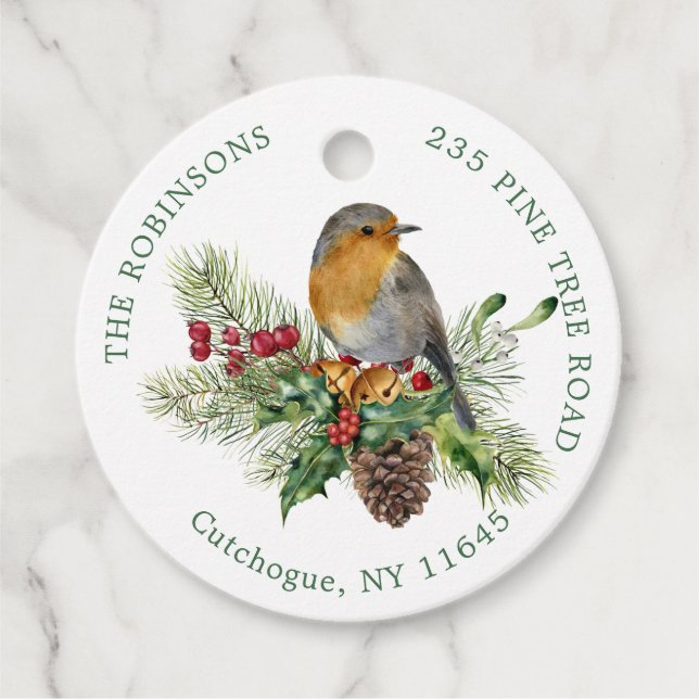Roter Robin, Kiefer, Heilige Weihnachten, Glocken  Geschenkanhänger (Vorderseite)