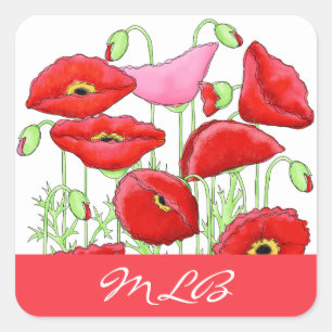 Roter rosa Mohnblumen-Kunst-individueller Name Quadratischer Aufkleber