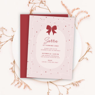 Roter Rosa Schleife Polka Punkte Girly 1. Geburtst Einladung