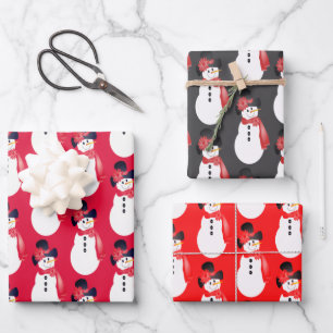 Roter Rosa und Grauer Schneemann Geschenkpapier Set