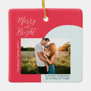 Roter & Roségoldener moderner Foto-Weihnachtsfamil Keramikornament