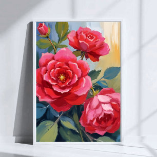 Roter Rosenbusch   Aquarell-Blumenmalerei Poster