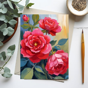 Roter Rosenbusch   Aquarell-Blumenmalerei Postkarte