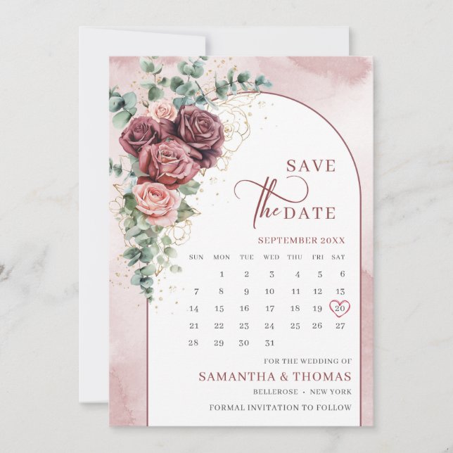 Roter Rosengarnen Rose Blütenblättriger Eukalyptus Save The Date (Vorderseite)